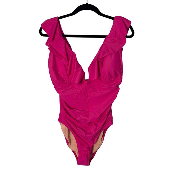 NWT J. Crew Ruched Ruffle One Piece Swimsuit Radiant Fuchsia Size 14 - Picture 3 of 13